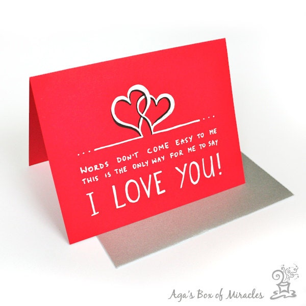 Handmade I LOVE YOU Note Card / Hand drawn Red Card w Black, Silver Illustration / Love Greeting Card / Custom Valentines Day Card / Romance