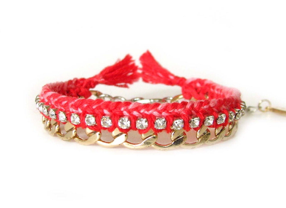 Petit Rhinestone Friendship Bracelet- Red Coral / Navy Blue -Shipping with tracking