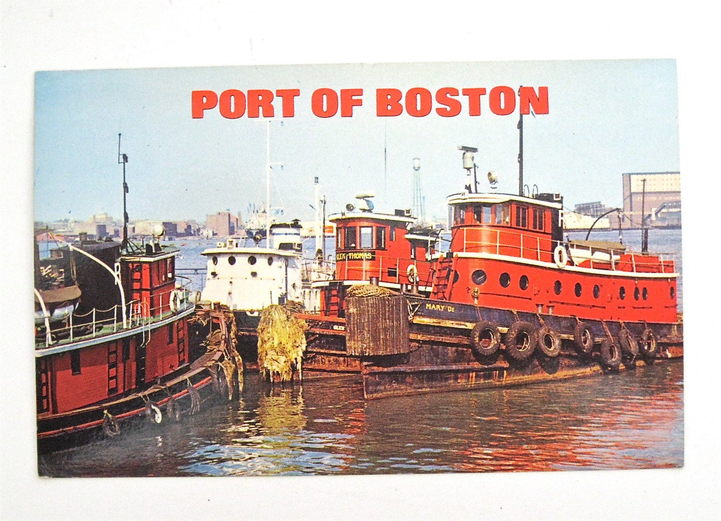 Vintage Boston Postcard  Repurposed Home Decor Frame Art Tugboats Port of Boston