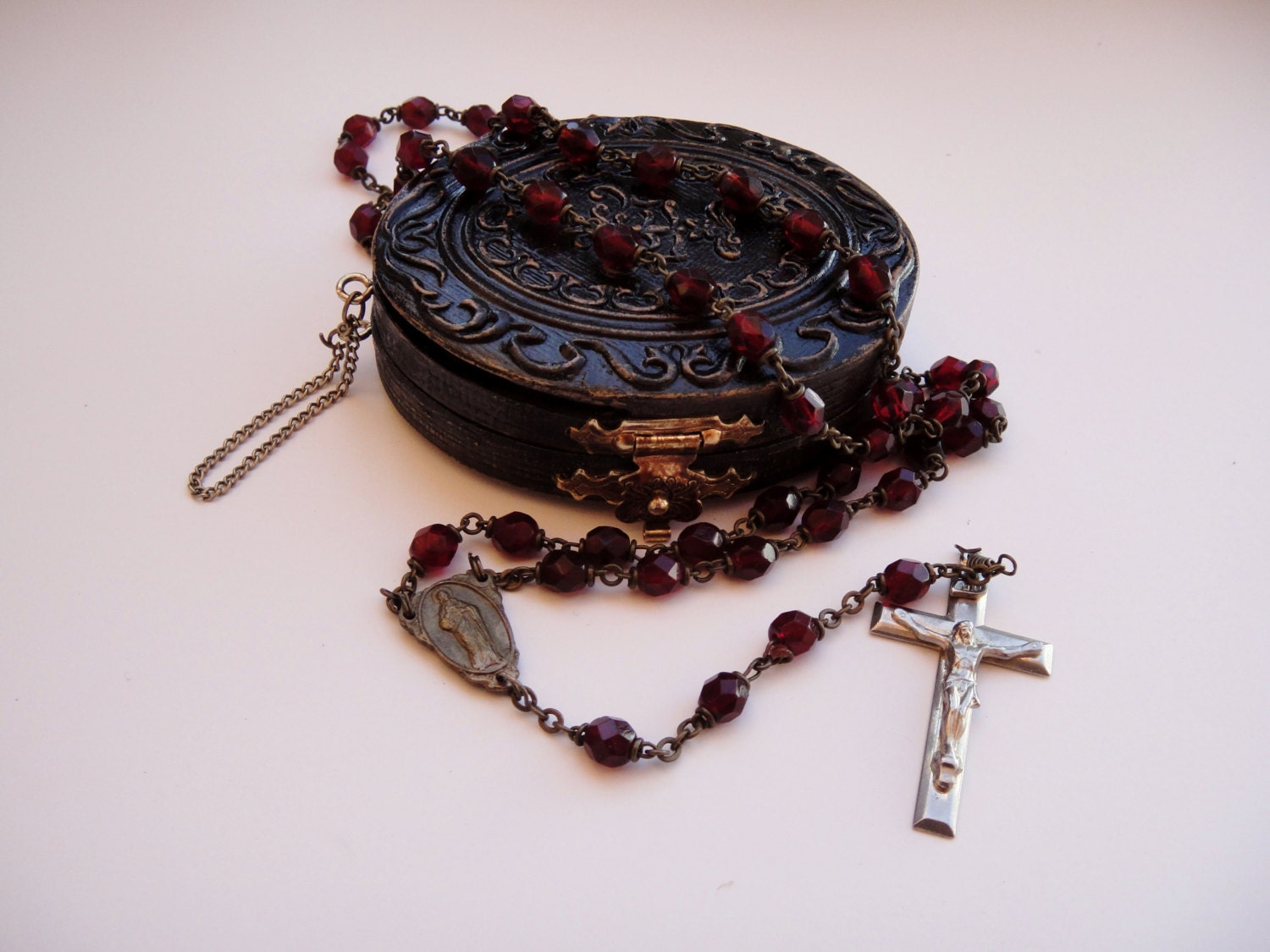 Rosary and Travel Case, Beautiful Rosary with Burgundy Glass Beads, Religious