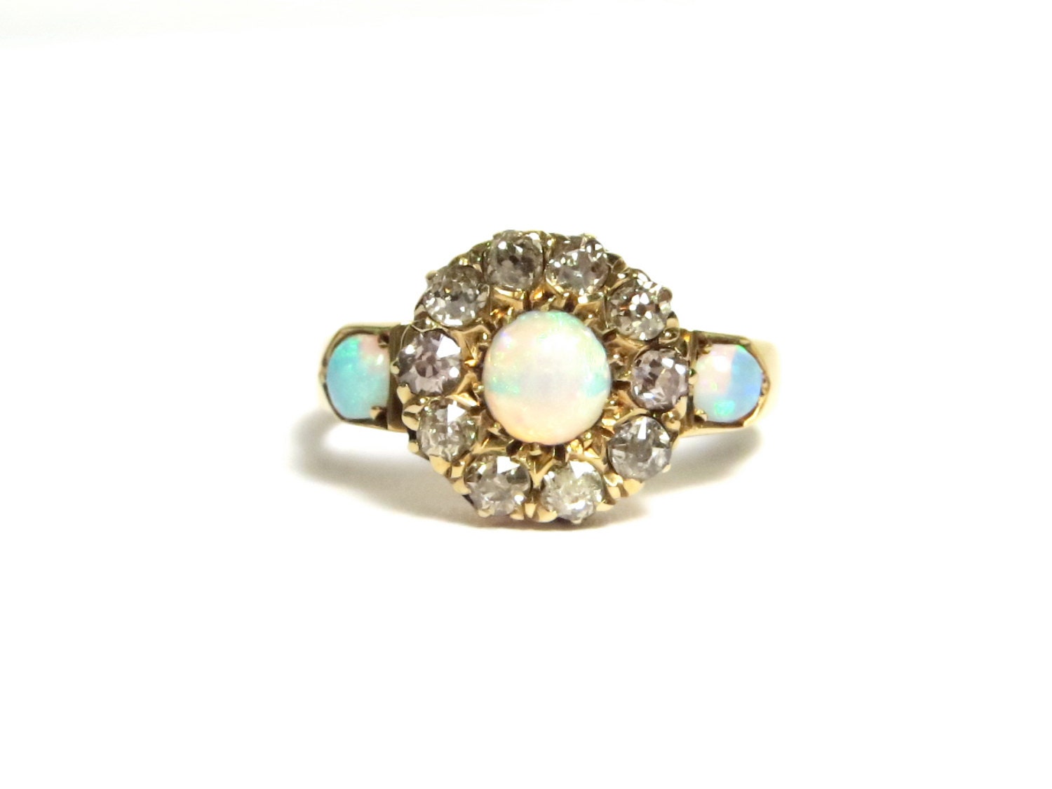 Victorian 18k Yellow Gold Opal Diamond Ring Size 6.5
