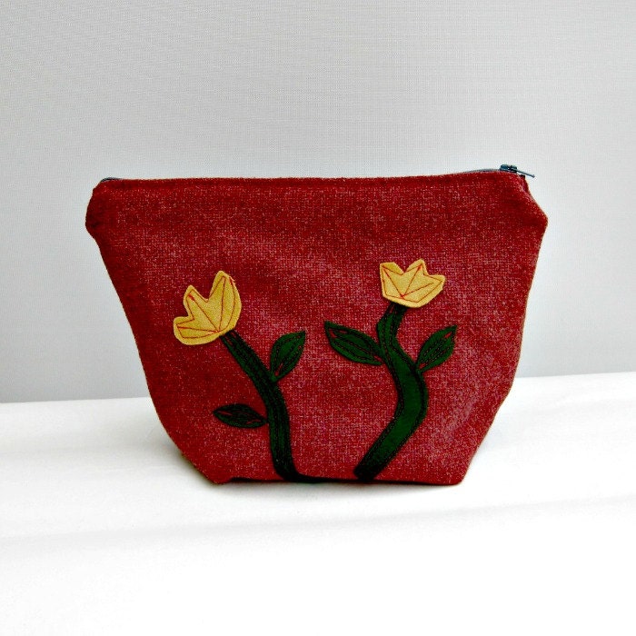 Handmade fabric cosmetics bag,flower applique, zipped pouch