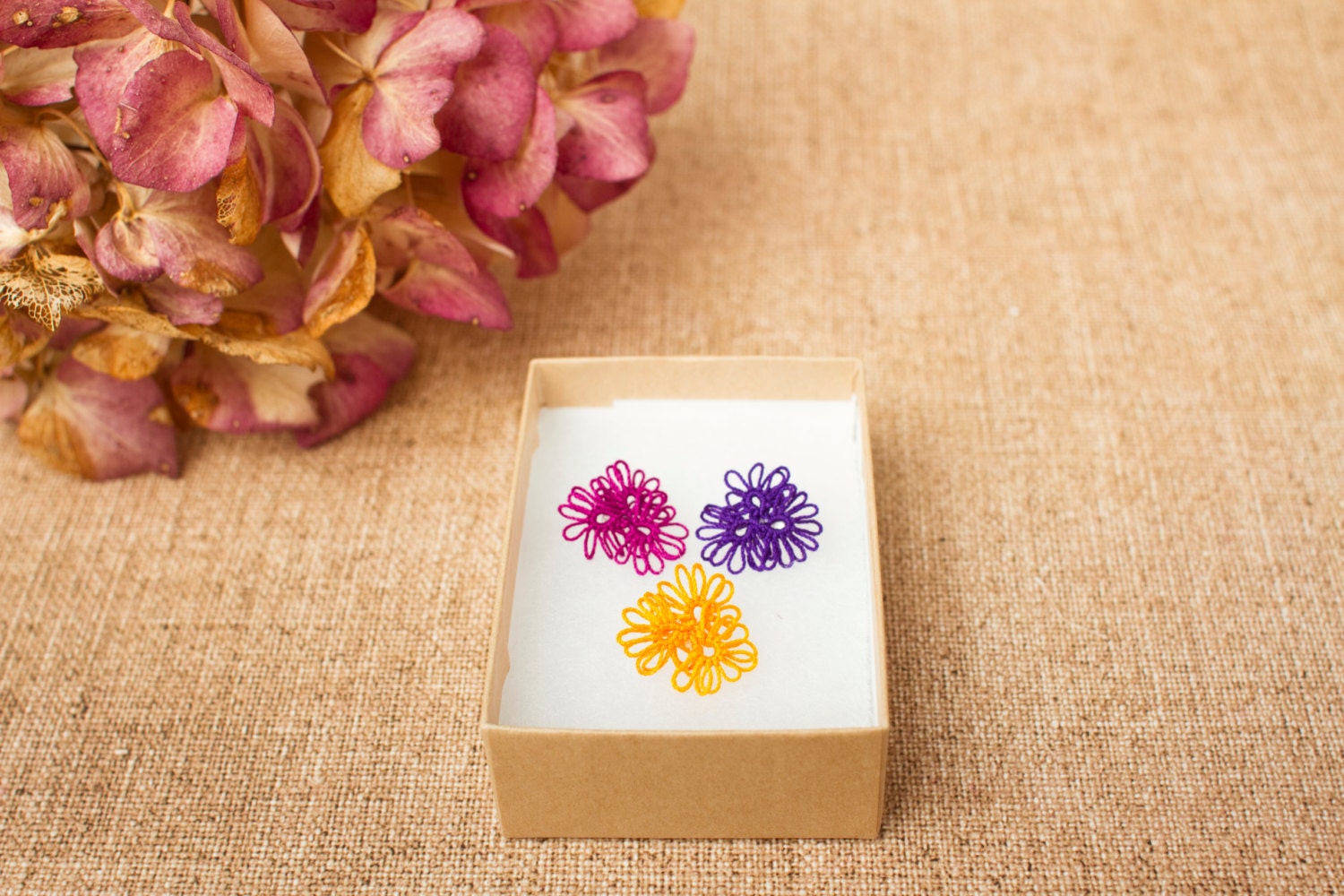 Tatted flower stud / post earrings in purple
