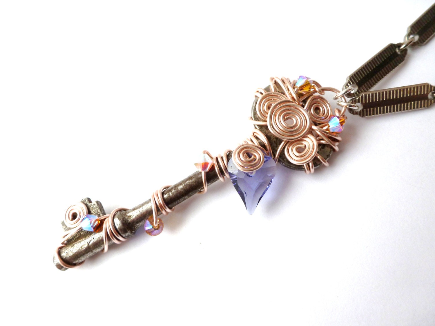 Tanzanite Swarovski Wire Wrapped Antique Skeleton Key Necklace