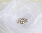 bridal hair flower with swarovski rhinestone white organza alligator clip flower bridal hair accessory wedding accessory bridesmaids gift