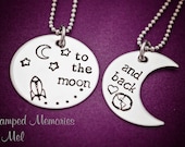 To the moon... and back - Hand Stamped Stainless Steel Necklace Set - Gift for Couples, Best Friends, Parent and Child
