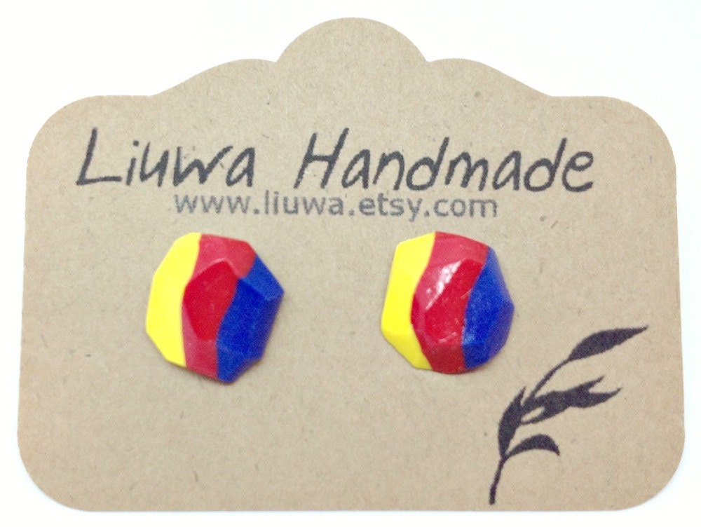 Red, Blue, Yellow, Primary Colors Faceted Clay Post Earrings, Stainless Surgical Steel Posts