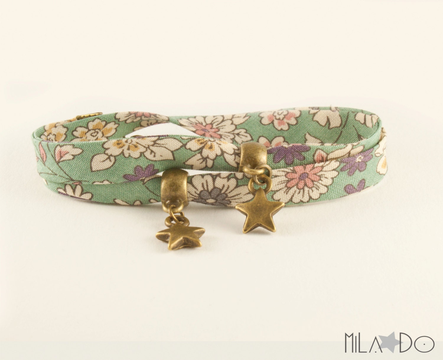 Lecien Fabric bracelet - Wrap Bracelet - Teal blue Flowers bias with brass stars - charm bracelet