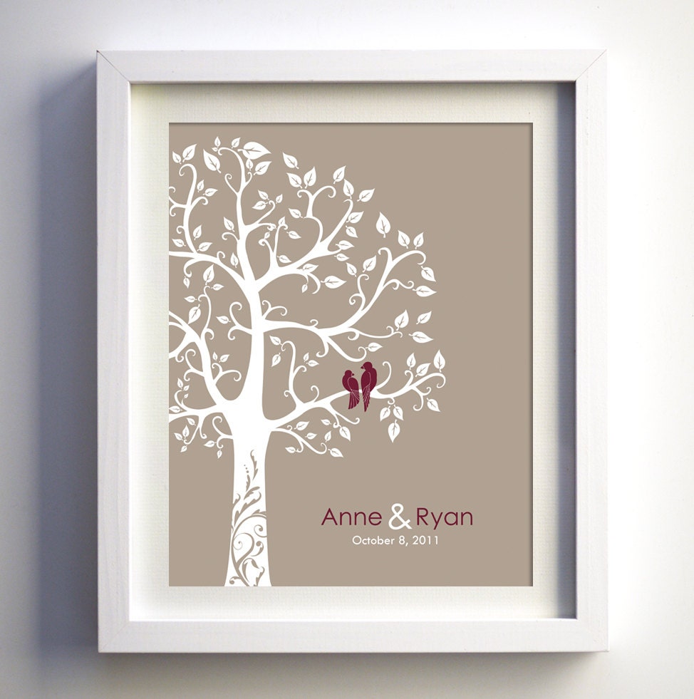 Personalized Wedding Gift - 1st Paper Anniversary Gift - Love birds in the tree Personalized bridal shower gift