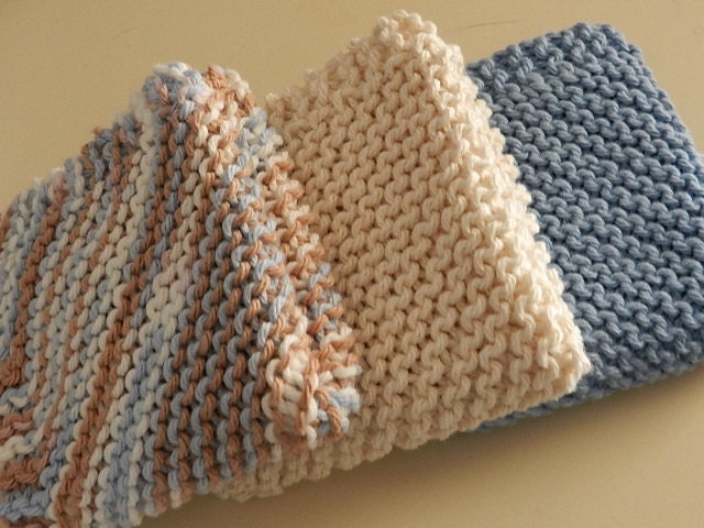 Set of 3 Hand Knit Chocolate Brown, Blue and Cream Hand-Knit Cotton Dish/Wash Cloths