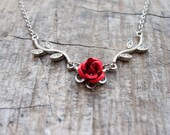 Red Rose Necklace Enamel Rose Rhinestones Romantic Jewelry