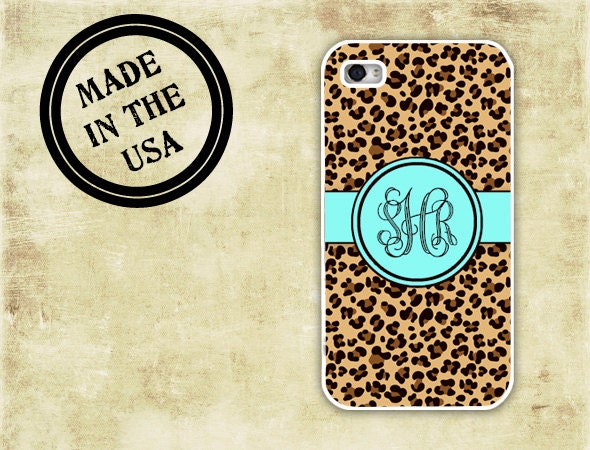 Leopard iPhone case - Leopard animal print with Tiffany blue monogram - rubber Iphone 5 case, plastic iPhone 4 case (9959)