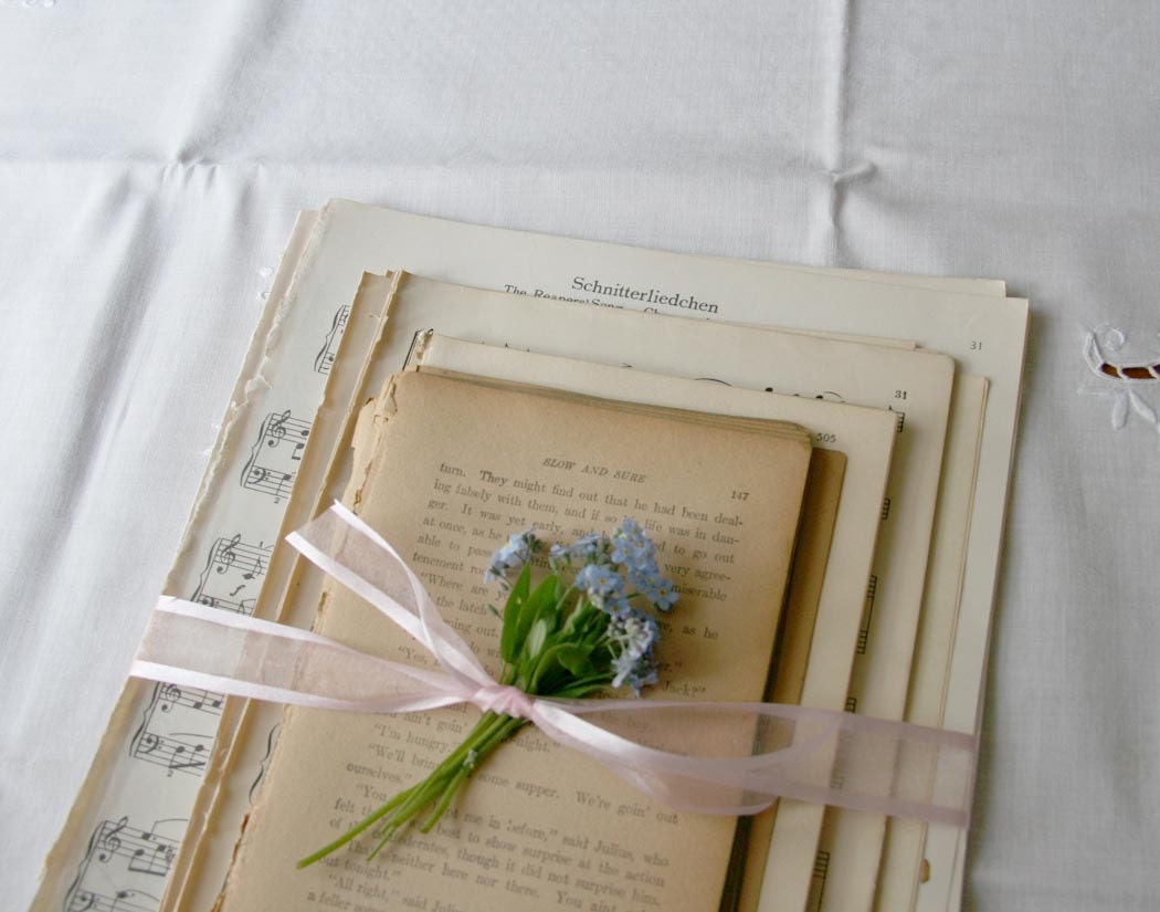 Vintage Paper Supplies - 100 pages of sheet music and old book pages, crafts, ephemera scrapbooking beige sand white