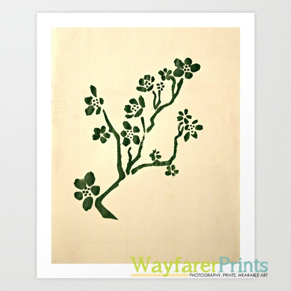 Green Stencil Print - tree branches hand painted cute cream beige background original artwork home decor wall art 5x5 5x7 8x10 10x10 11x14