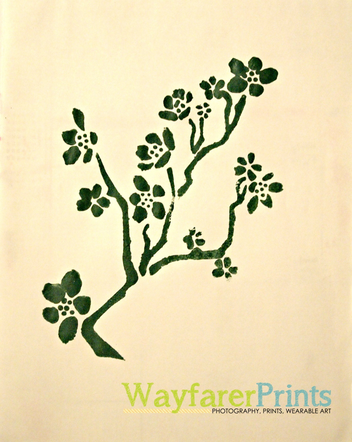Green Stencil Print - tree branches hand painted cute cream beige background original artwork home decor wall art 5x5 5x7 8x10 10x10 11x14