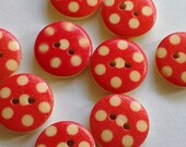 10 red spotty, round wooden buttons, 15mm