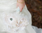 Vintage Fabric Wedding Bouquet  Ivory, Champagne, Mint Brooches, Rhinestones and Pearls.  Custom Order