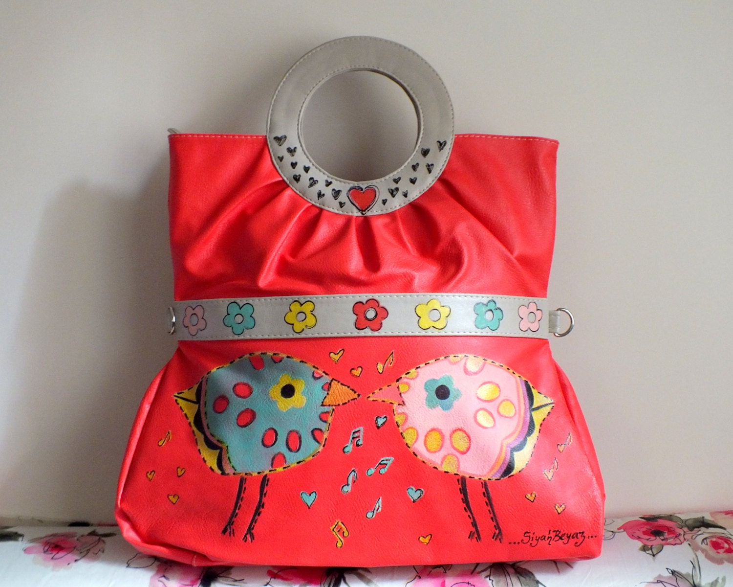 Red vinyl handbag, vegan leather purse,  handpainted BIRD LOVE