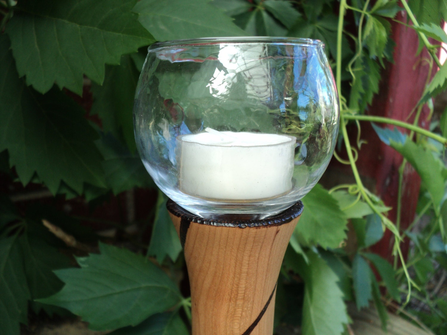 Cherry Hardwood Turned Candle Votive Tealight Holder with a Woodburned Spiral Design