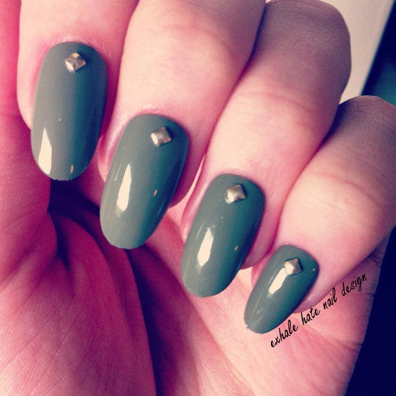 Olive/Military Green With Gold Studs Oval False Nail Set