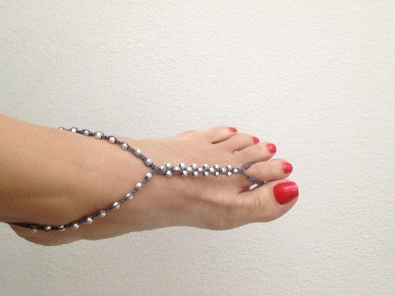 Grey  Silvery  colored beads  whit white macrame  Anklet, Nude shoes, Foot jewelry, Victorian Lace, Sexy, Lolita, Yoga, Anklet,bridesmaids