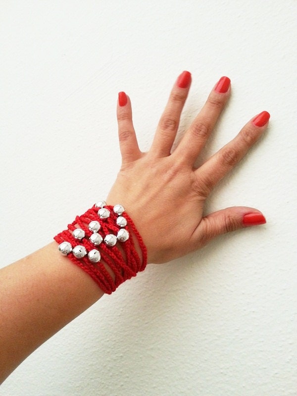 Red Hand-crochet  Rope Bracelet with silvery beads, beach,boho, lolita,wristband,wriststrap