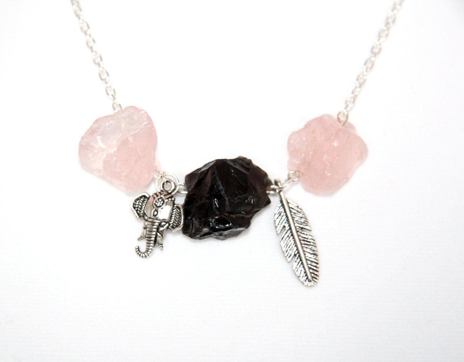 Smoky Quartz and Rose Quartz Positive Energy LOVE Necklace - 18" Silver Plated Chain - Elephant and Feather Charms