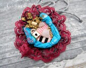 Lace brooch pin, steampunk textile jewelry textile flower pin oxblood aqua blue turquoise whimsical jewelry women accessories wearable art