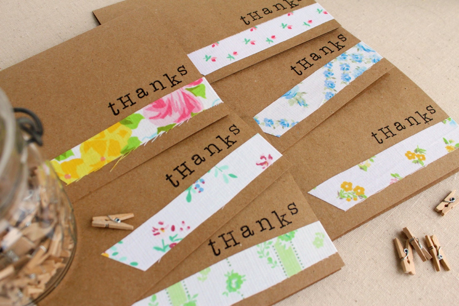 brown paper notecards - embellished with vintage fabric tape - thanks - set of 6