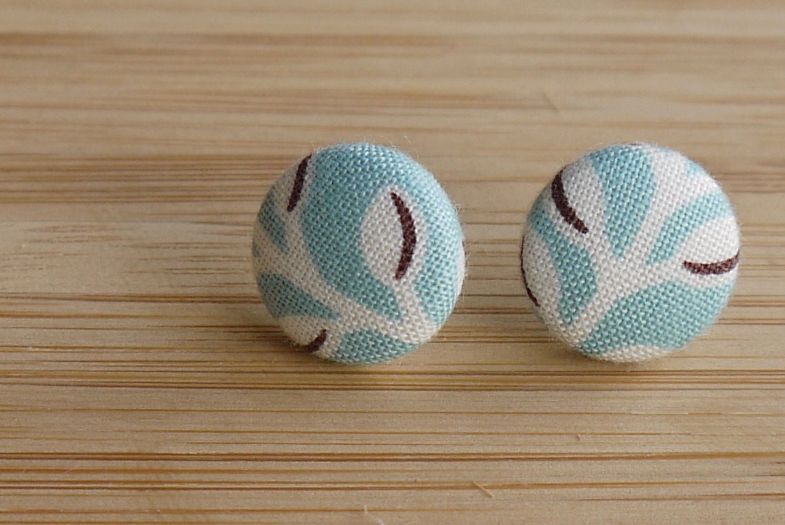 Fabric Covered Button Earrings - Light Blue Leaves