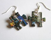 Recycled Puzzle Piece Earrings- Bold Colors & Green Glitter Finish