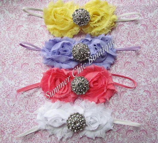 Set of 4 Baby Headbands, Infant Headband, Girls Headband -  Shabby Chic Headband Set Double Rosettes with Rhinestone on skinny elastic