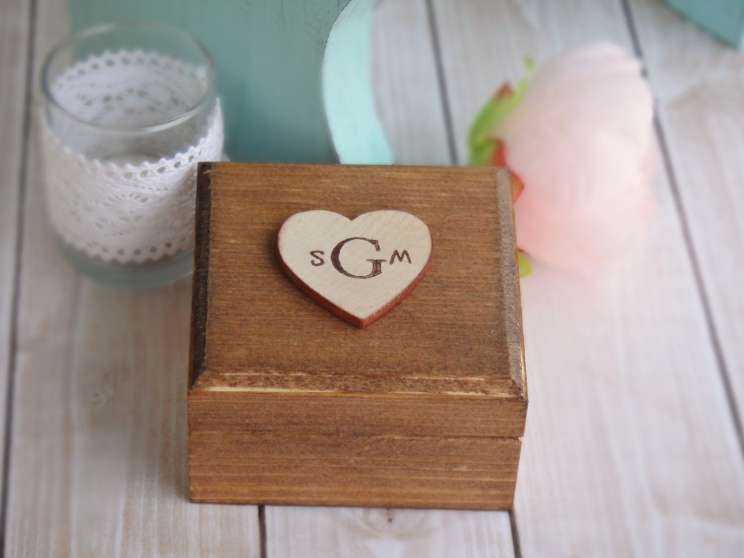 Rustic Stained Monogram Ring Bearer Box  with Handstamped Hearts (Pillow Alternative) by PNZ Designs