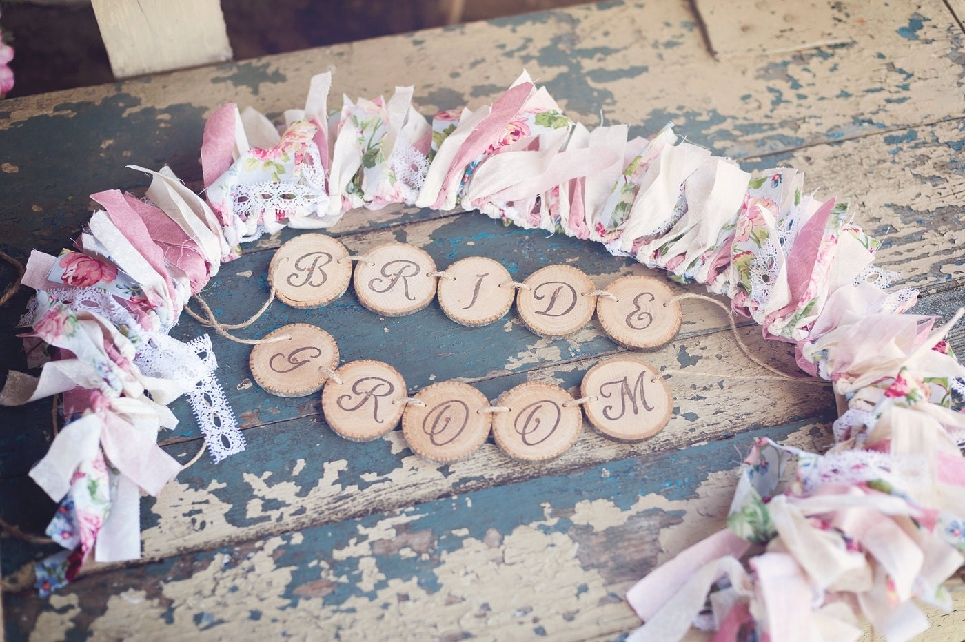 Rustic Wood Slice Hand Stamped Bride and Groom Banner Chair Signs