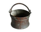 Vintage Turkish copper CAULDRON PRIMITIVE antique pail - LARGE, heavy, rugged pot Wrought iron handled old ice bucket, Garden planter decor