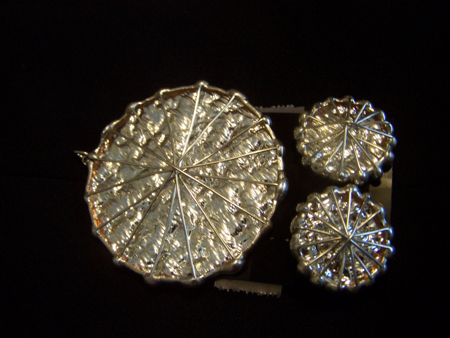 Medallion Necklace and Clip-on Earrings, Decorative wire and Solder, Mirror Silver back Glass