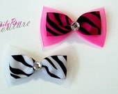Pink and White Zebra Ribbon and Tulle Hair Bow Set with Rhinstone Centers
