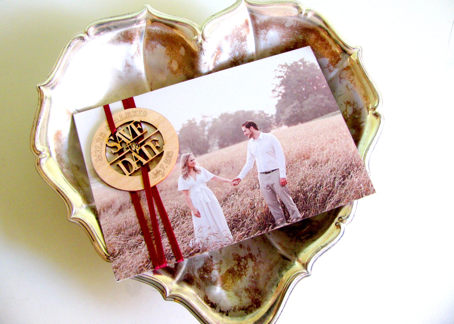 Vintage Rustic Save the Date Postcard:  DIY Wedding Save the Dates with Custom Laser cut Wood Tokens