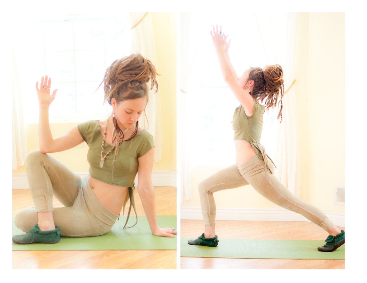 Ready to Ship Hridaya Heart Yoga Leggings Strechy Organic Hemp and Cotton Blend Hand Dyed with Herbs in sage green