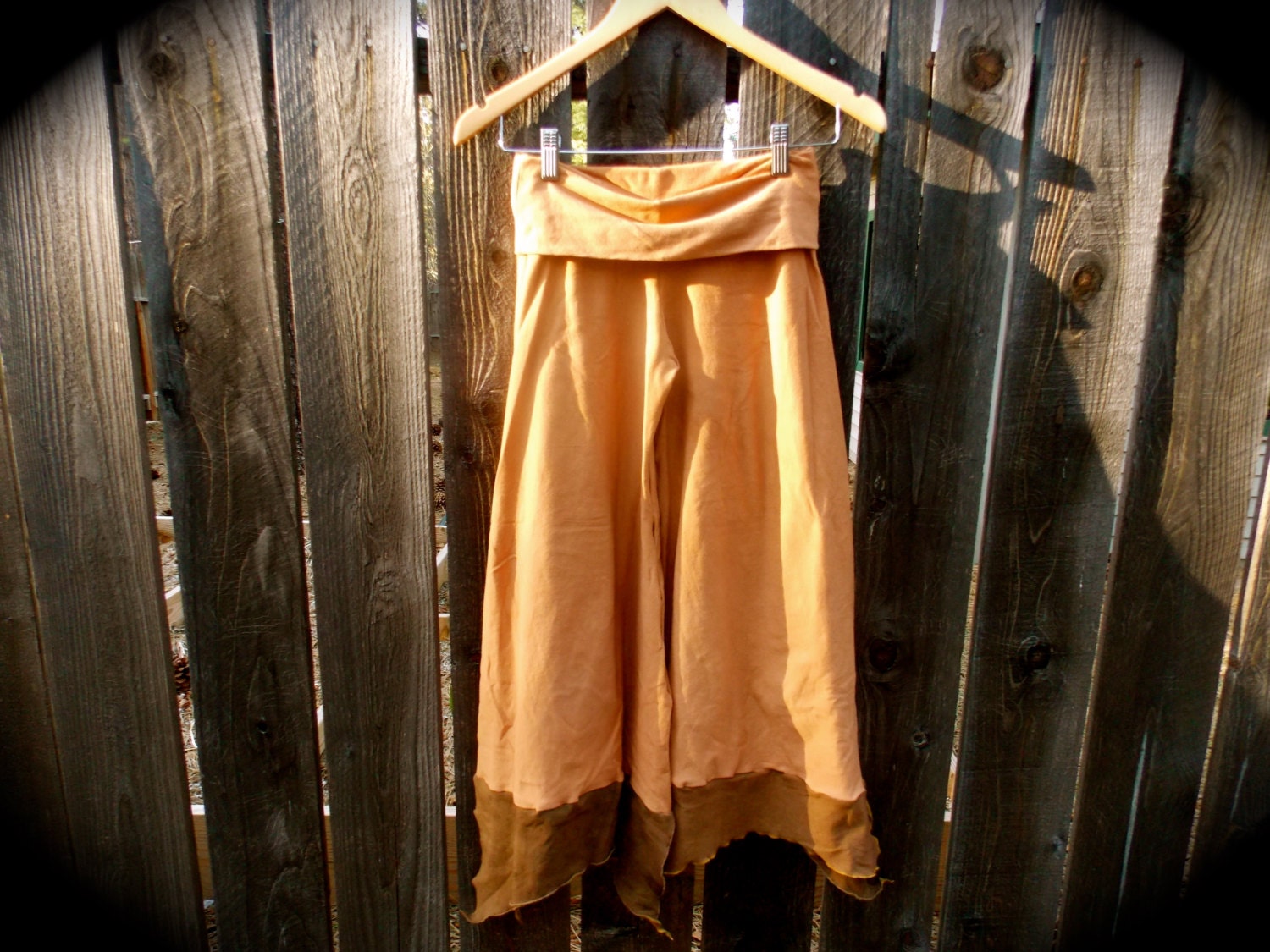 Ready to Ship Tribal Pixie Cut Gouchos Opposing Color organic hemp and cotton dyed with herbs in Marigold and Walnut