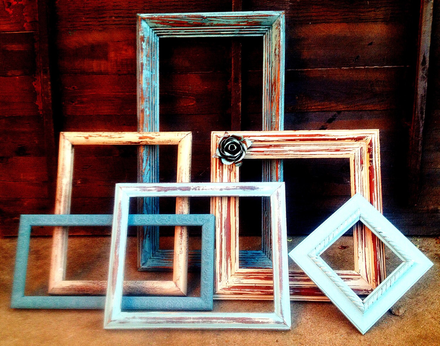 Set of 6 Wooden Open / EMPTY WALL FRAMES Painted in Dusty Blue , Mist , Butter Pecan & Distressed -Frame Gallery