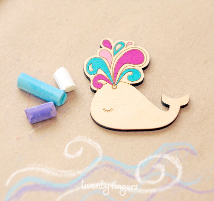 Wooden  Blue Whale brooch - laser cut wood & hand painted