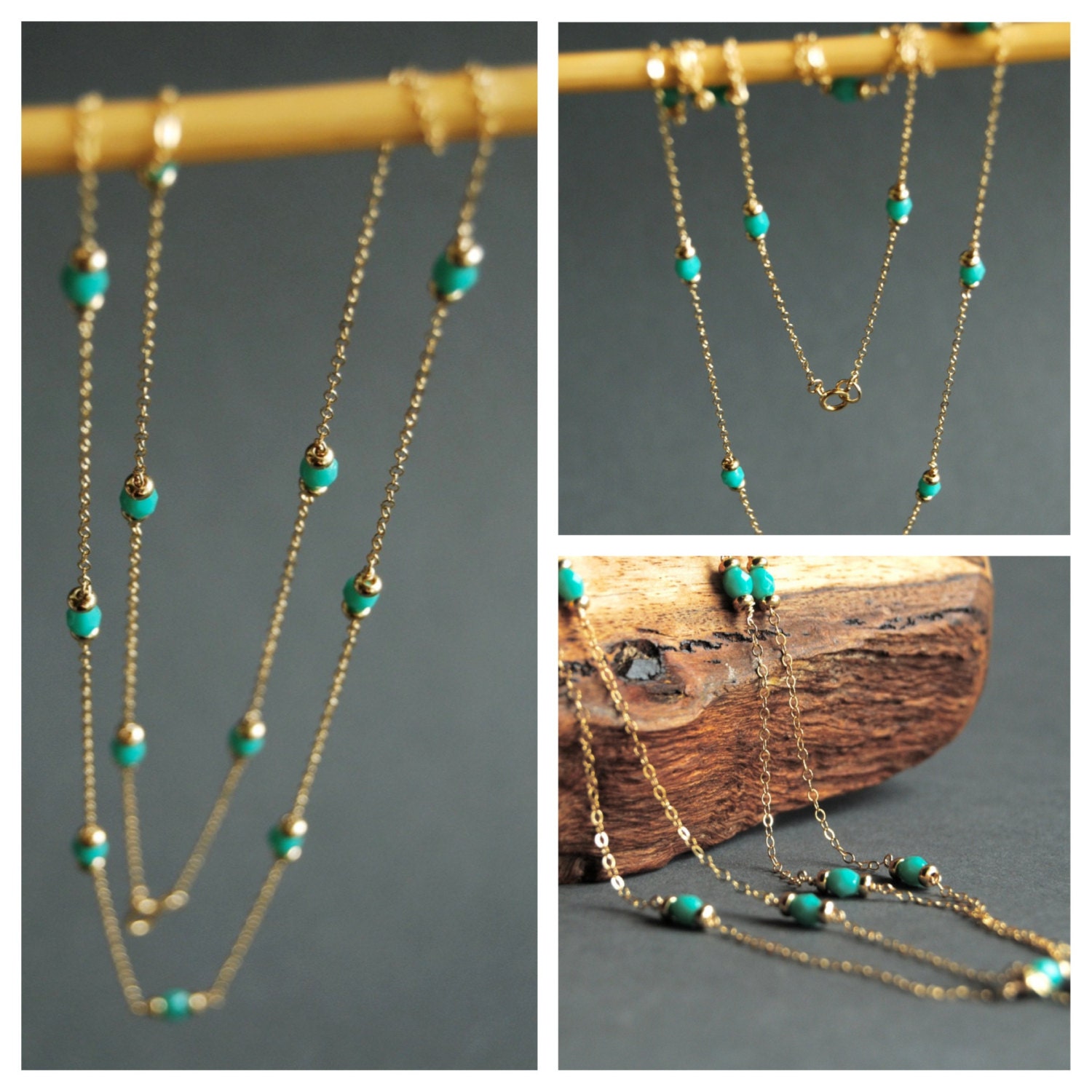 Hanini long necklace - long gold turquiose layering necklace, delicate gold boho necklace, long glass bead necklace, maui, hawaii