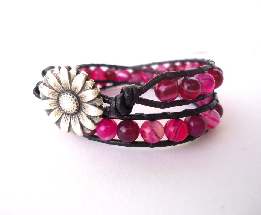 Fuchsia Pink Striped Agate Leather Double Wrap Bracelet/stack bracelet/daisy button/boho/spring summer 2013/hot pink/bohemian/shabby chic - CreationsByAlina