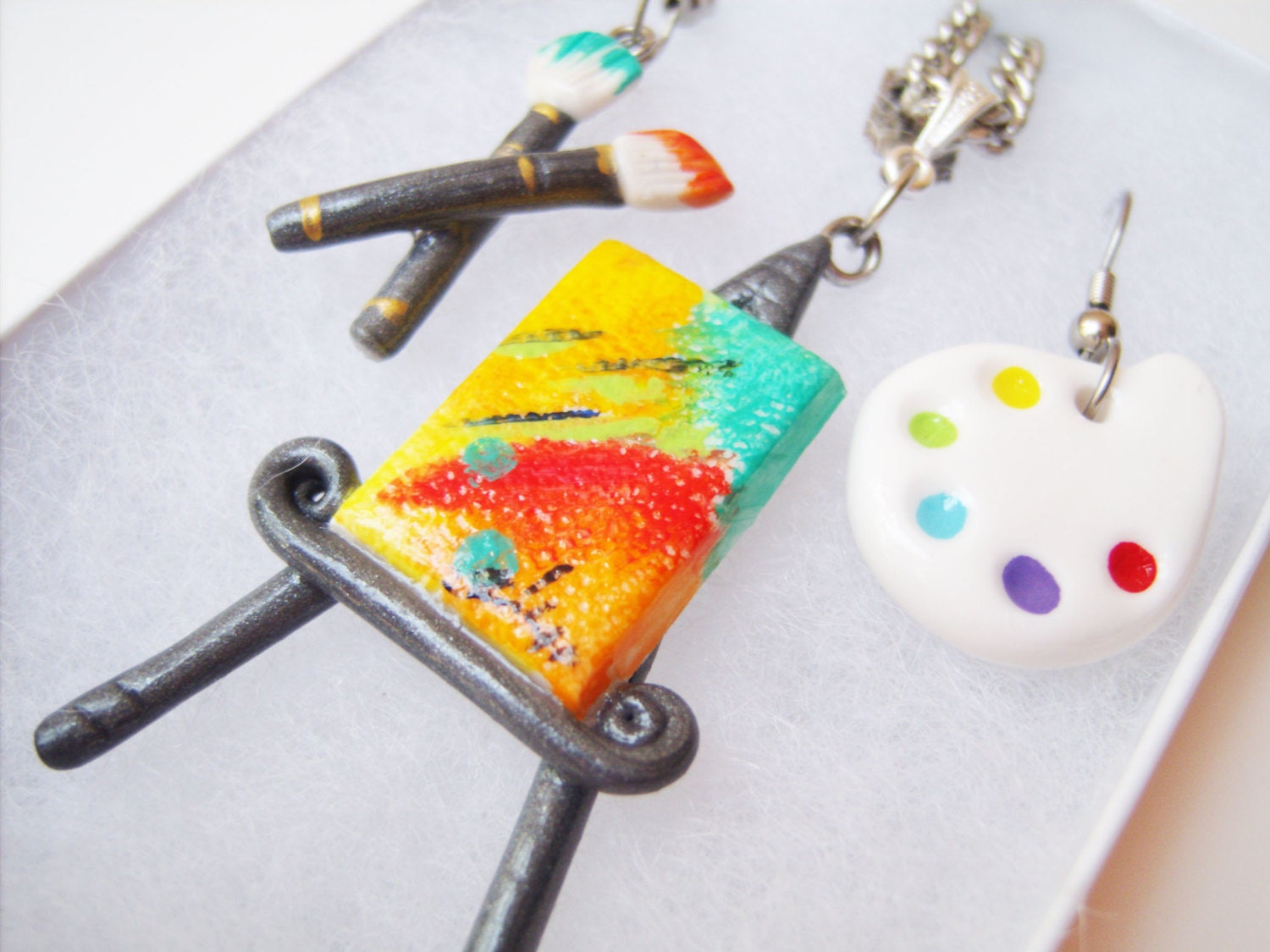 Painters Palette & Paintbrush Earrings - Miniature Canvas and Easel Polymer Clay on Stainless Steel Set - Hand Painted Original