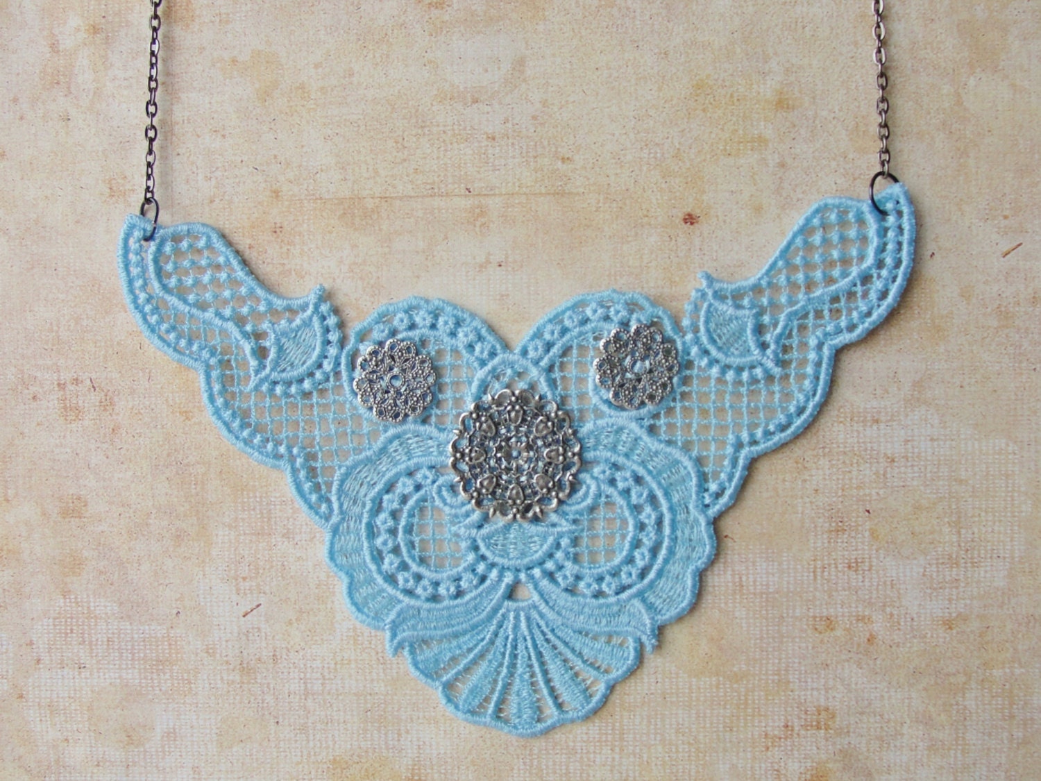 Pale Blue Bell Lace Pendant Necklace 17" Gunmetal Chain Antiqued Silver Filligree Stampings