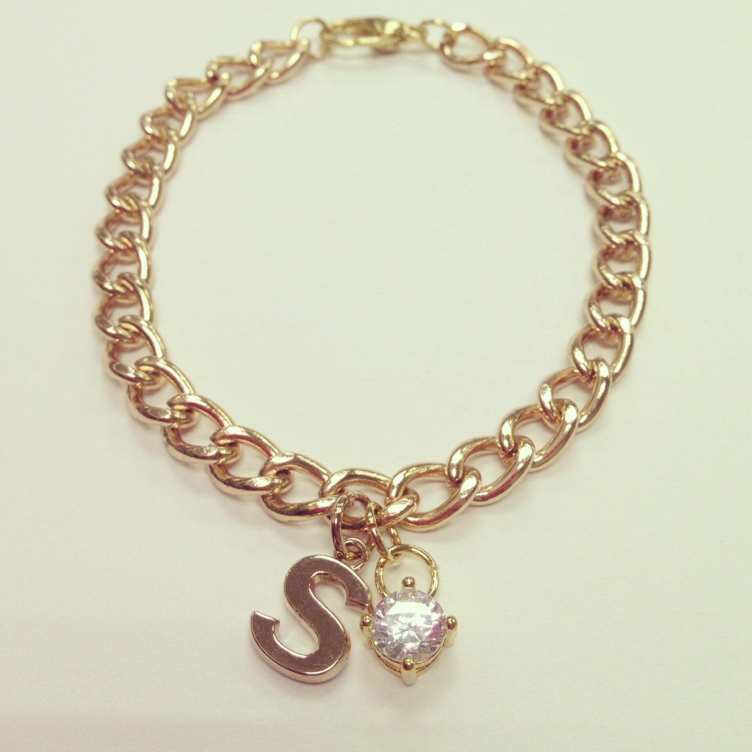 Darling Initial Bracelet: Rose Gold Chain with a Rose Gold Initial and Sparkling Jewel