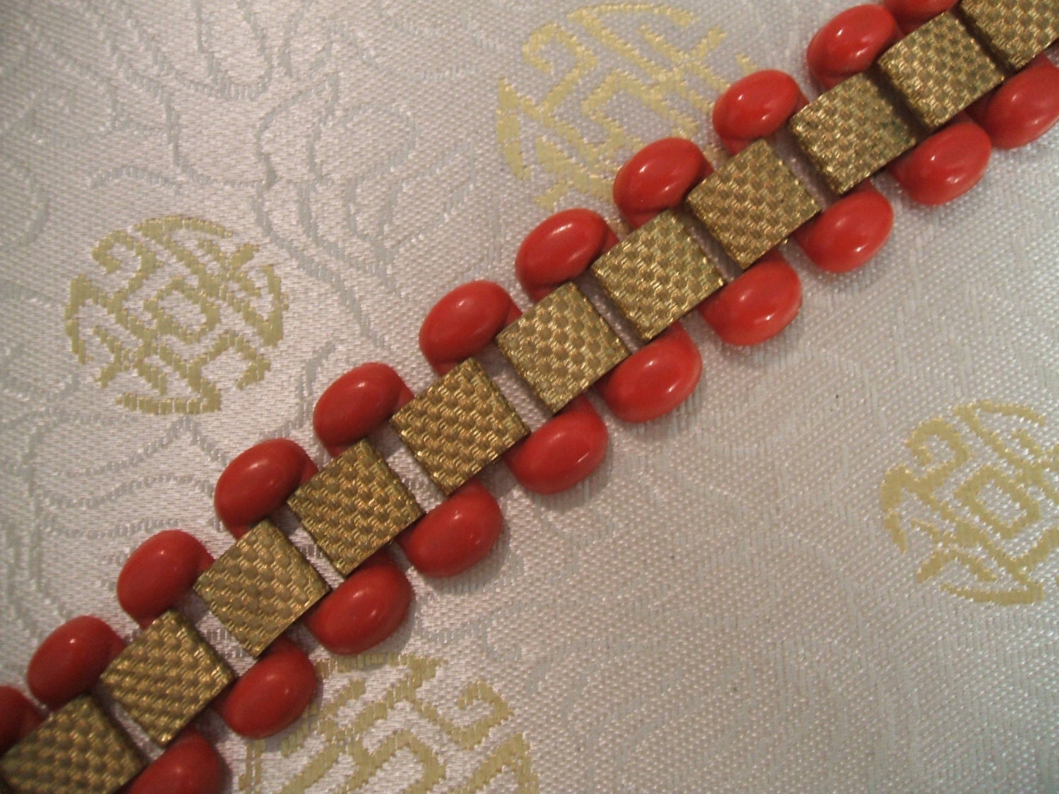 Art Deco Red Plastic and Goldtone Bracelet
