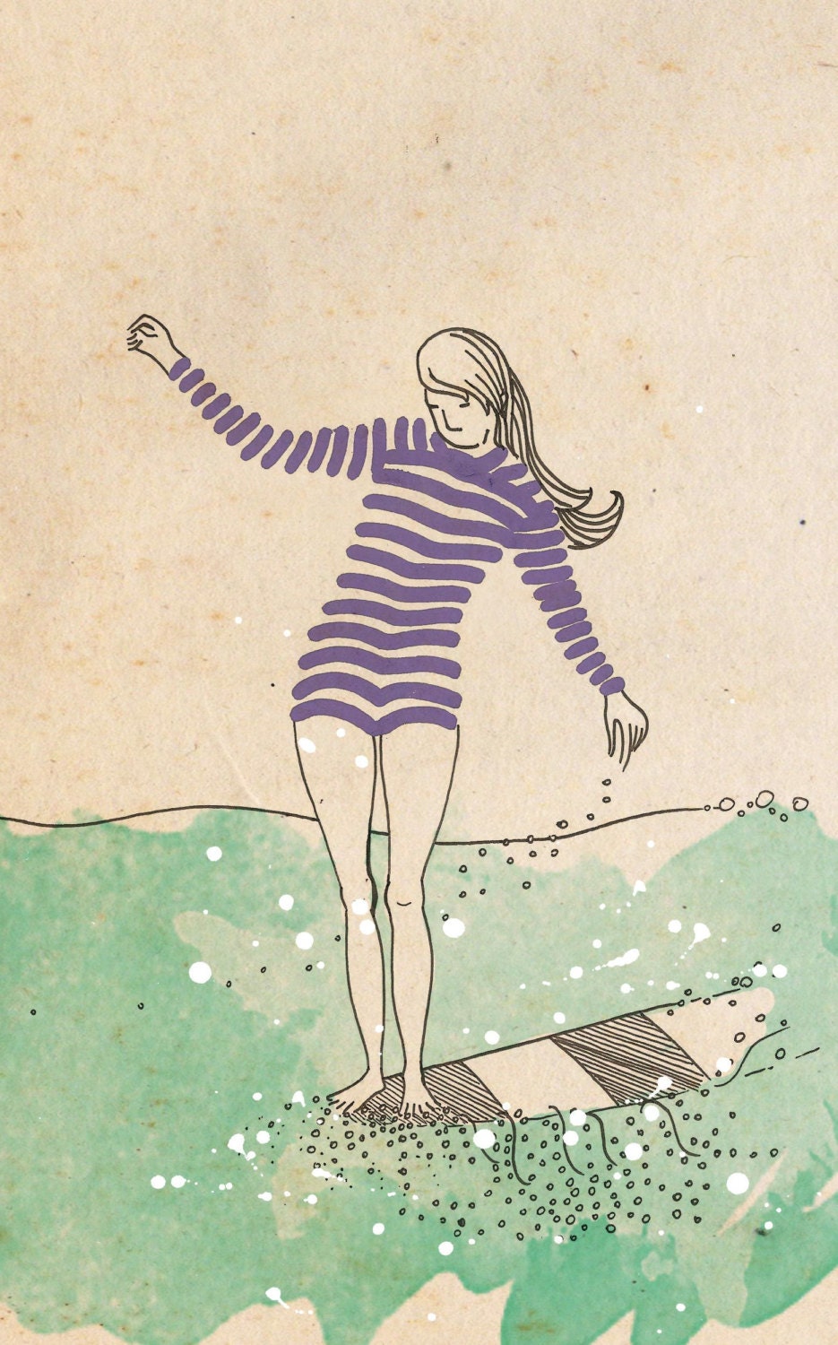 Morning noseride  - ink, watercolour & collage illustration print on archival paper
