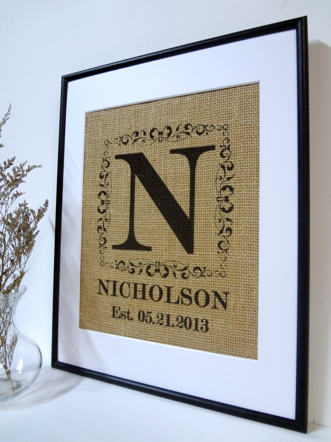 Personalized Burlap Monogram Family Name Established date print or sign